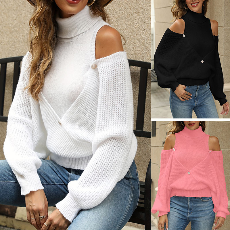 Women's Clothing 2024 new autumn and winter sweater women's clothing off shoulder long sleeved solid color pullover high necked sweater_voghion.com