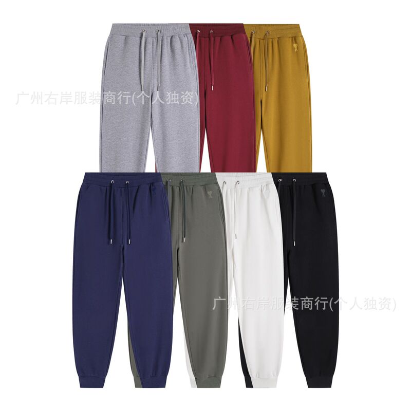 American-style retro heart-patterned embroidered jogger pants, unisex, loose-fitting, made of cotton, with drawstring, casual long pants, available in multiple colors