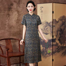 花萝香云纱旗袍连衣裙立领印花婆婆婚宴礼服裙100%桑蚕丝连衣裙