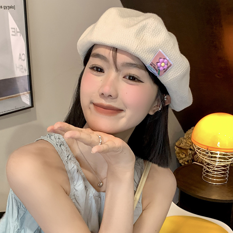日系可爱花朵蓓蕾画家帽女大头围显脸小贝雷帽百搭薄款八角帽子潮|undefined