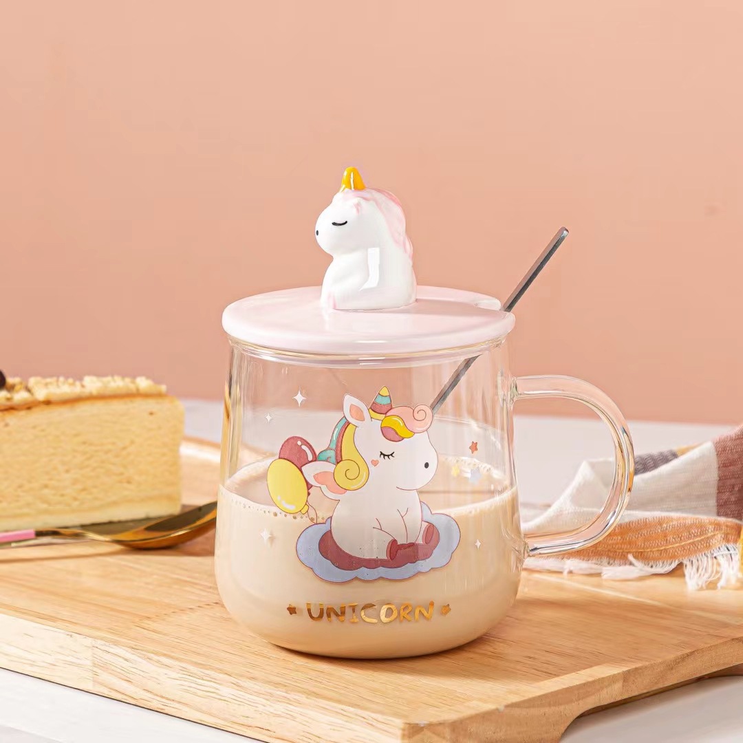 Personalidad creativa dibujos animados unicornio 3D tridimensional Taza de cerámica con tapa cuchara chica corazón taza de café taza de oficina