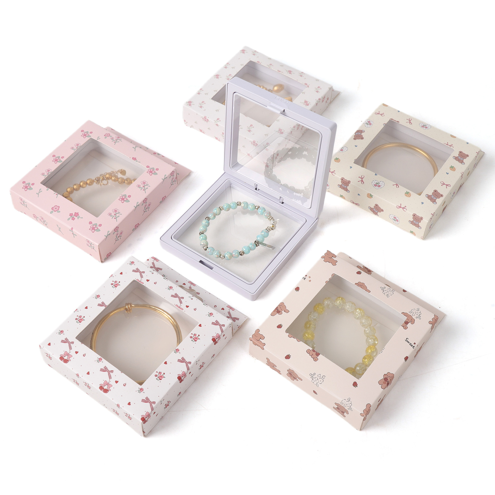 Caja de película de patrón personalizado PVC cubierta de papel de ventana impresa de flor de trampa lindo viento adaptado PE caja de joyería embalaje de cartón