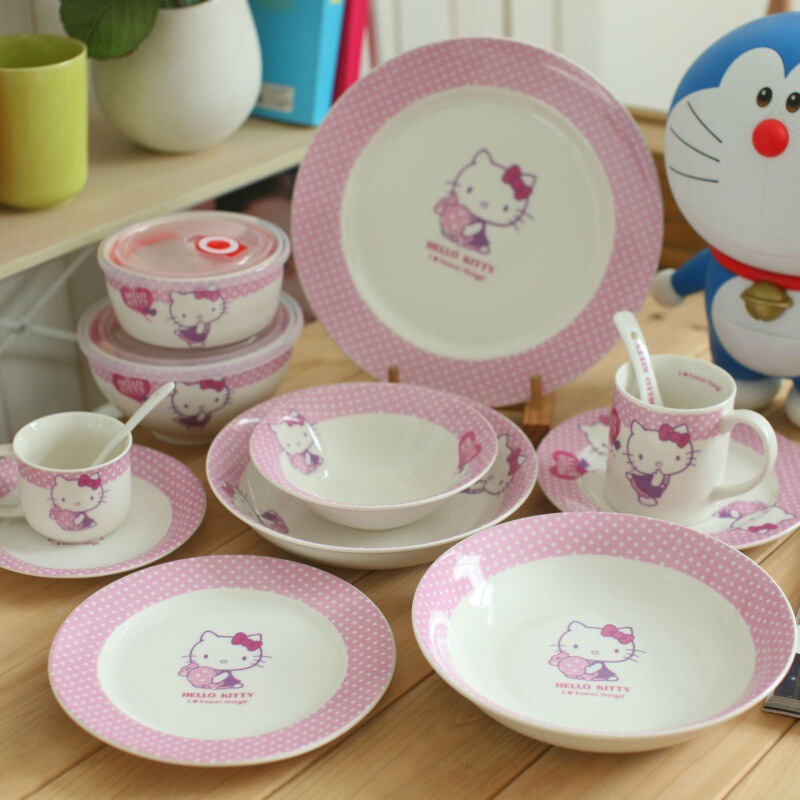 kitty children's cartoon ceramic tableware suit rice bowl cute creative cat dessert bowl Bowl plate Cup dish