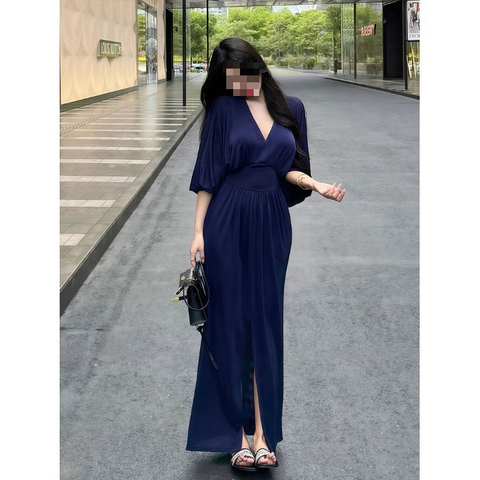 纯欲辣妹V领蓬蓬袖开叉连衣裙女夏季新款修身显瘦高级感包臀长裙|undefined