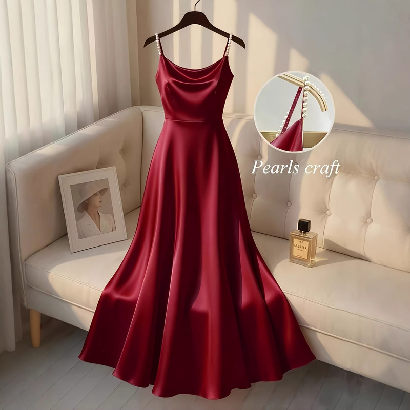 26 Foreign Trade Women's Clothing with Beading Craftsmanship and Decorative Shoulder Straps, Long Satin Dress with Satin Texture, in Stock for Bulk Purchase