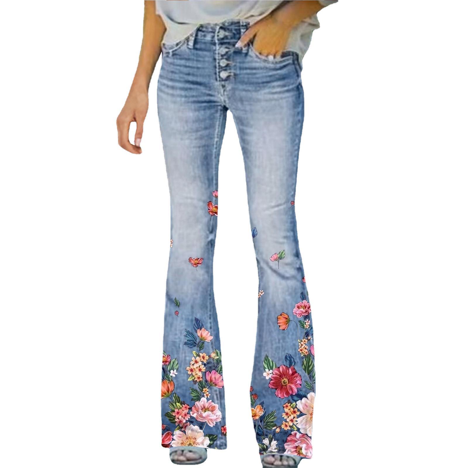 Women's clothing temperament slim micro digital printed imitation denim trousers thin_voghion.com