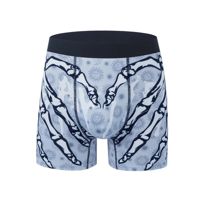 Ropa interior de longitud media de ángulo plano delgado de cintura media sexy para hombres Venta caliente Esqueleto que lema Graffiti Impresión 3D