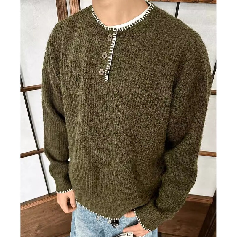 American Retro Design Casual Henry Collar Knitted Sweater Men's and Women's Loose Autumn Lazy Pullover Top for Couple