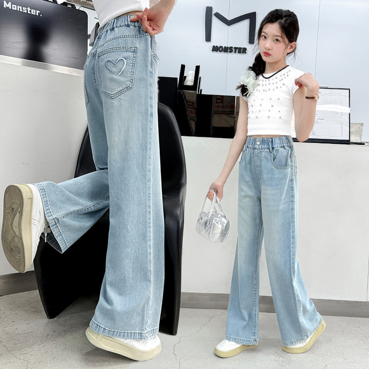 夏季薄款天丝女童牛仔裤韩系ins简约百搭中大童长裤宽松阔腿直筒