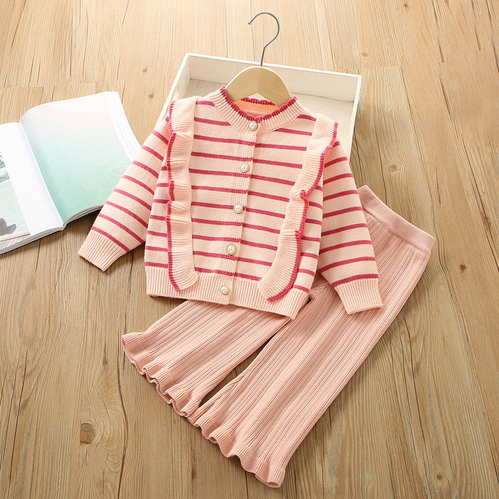 Girls' Sweater S 2023 Winter New Korean Edition Western Style Girl Stripe Wooden Ear Edge Children's Pants Two Piece_voghion.com