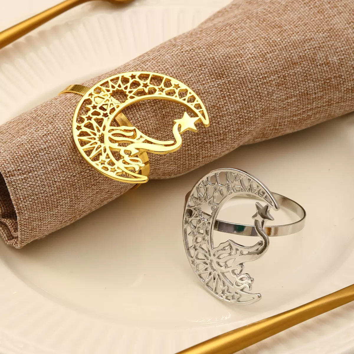 中东节日跨境装饰镂空月亮星星餐巾环餐巾扣摆台餐巾圈现货