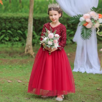 Europe and America have more cash than can be accounted for full dress gules Sequins wedding Princess Dress Host Long sleeve Gauze skirt bow Dress