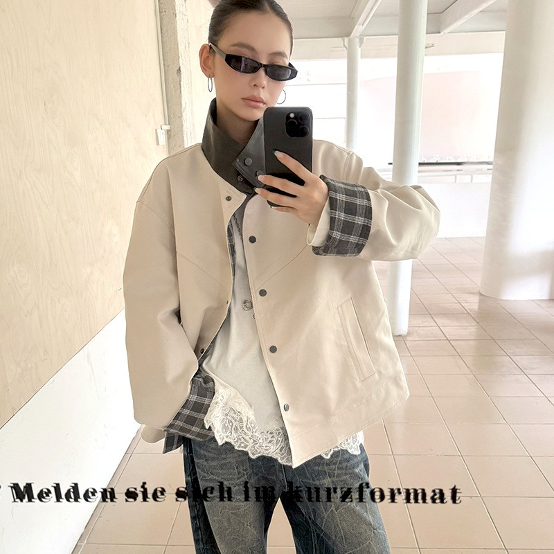 Mmfish Fashionable Street Style Retro Reversible Plaid Mid-Length Windbreaker Silhouette Work Jacket 25W492