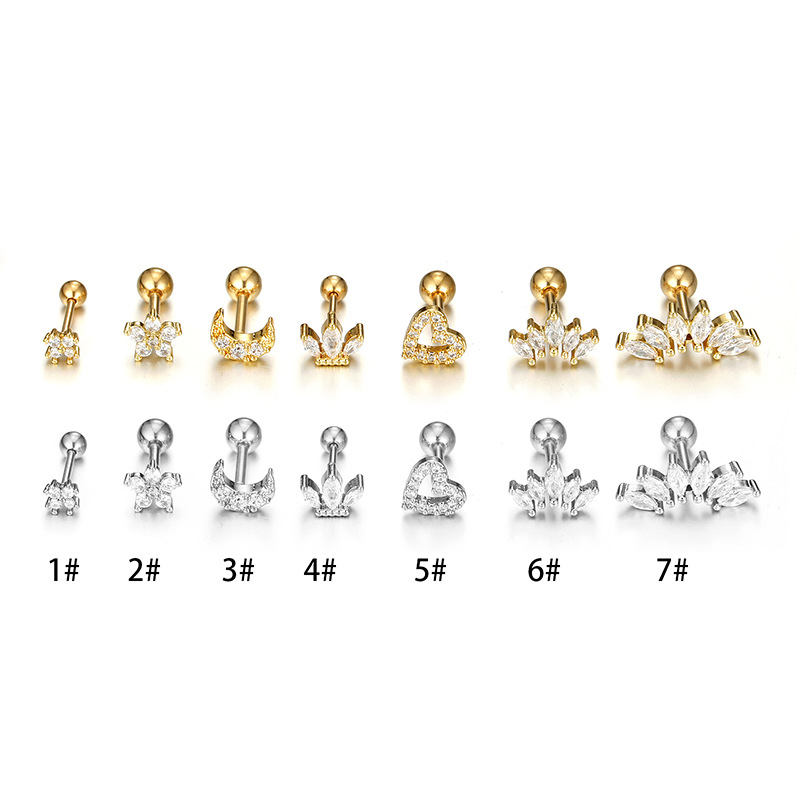 Simple Style Moon Heart Shape Flower Stainless Steel Plating Inlay Zircon Ear Studs 1 Piece display picture 2