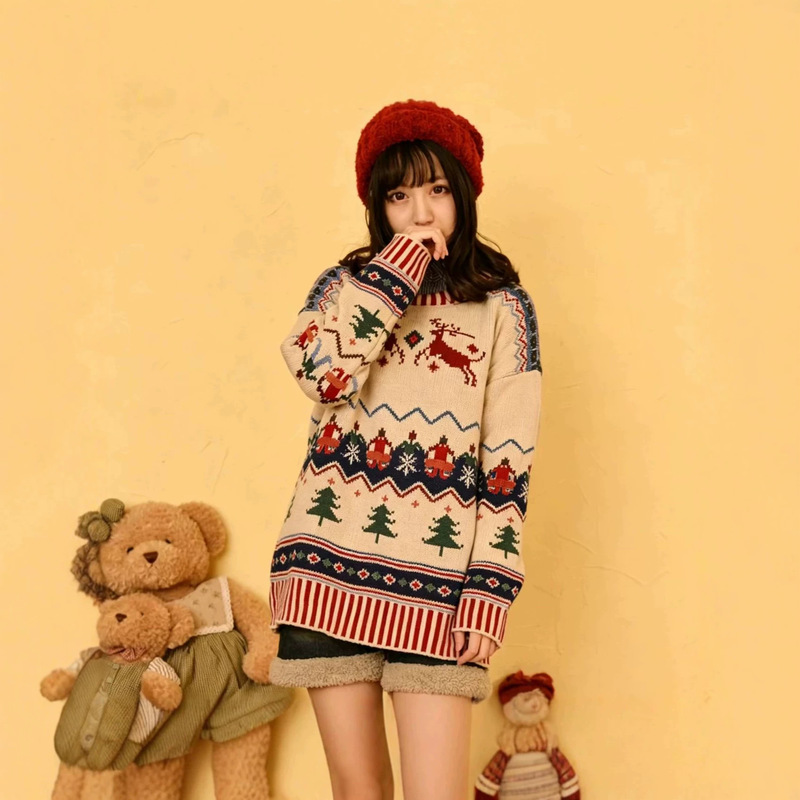 Nordic Fair Isle Style Christmas Jacquard Sweater for Women, Autumn and Winter, Casual Loose Round Neck Pullover Sweater for Christmas