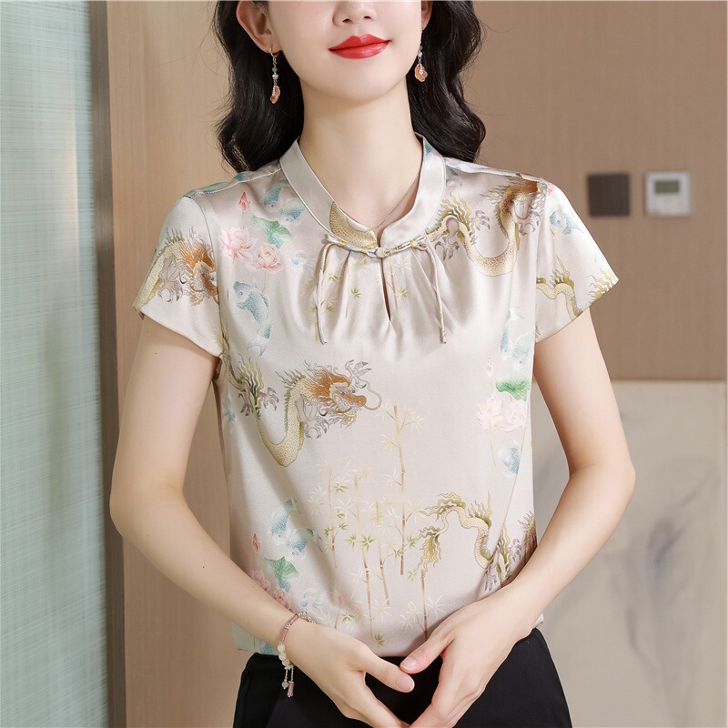 High-Quality Age-Reducing Middle-Aged Women's Slim-Fitting Silk Shirt Summer New Chinese Style Disc-Button Mulberry Silk Top