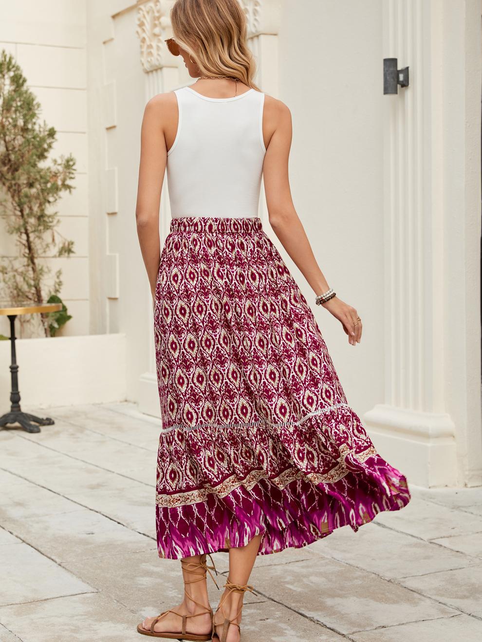 Bohemian European American Style Rayon Printed A-line Midi Skirt Vacation, Beach, And Seaside, With A Large Hemline For_ecoleips.com