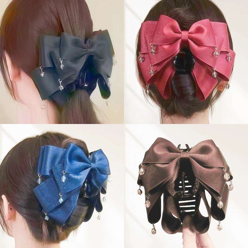 Korean-Style Rhinestone Bow Ponytail Clip with High Crown and Multi-Layer Tassel Pendant for a Stylish Half-Up Hairstyle