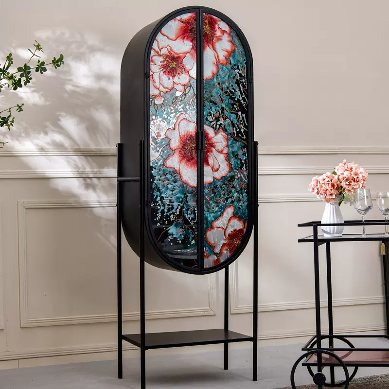 轻奢珐琅彩绘玻璃门高脚铁柜餐边置物柜多功能边角柜收纳架装饰柜