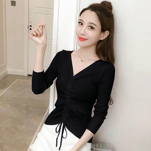 Autumn/Winter V-neck Korean Style Fitted Slimming Drawstring Long-sleeve T-shirt Women's Base Knit Top Hooded Sweater for Women
