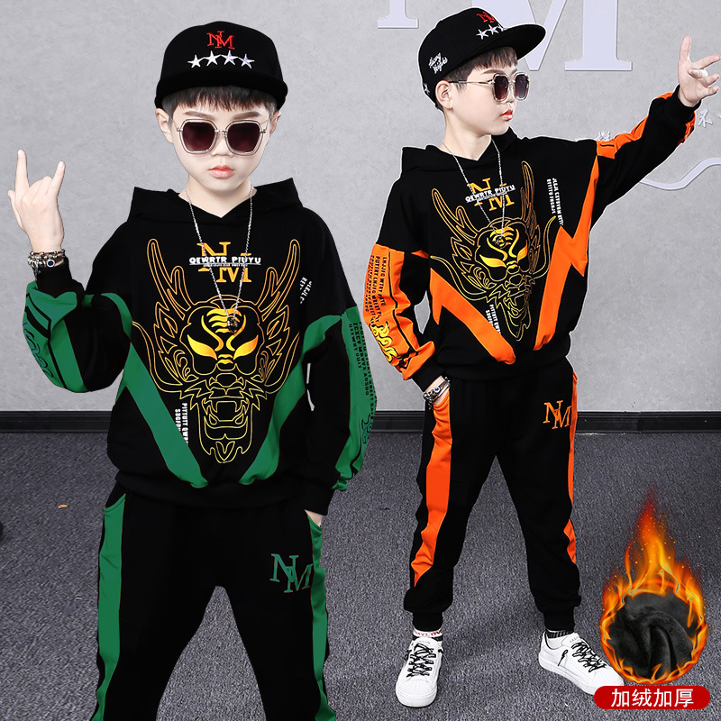 Winter fleece-lined Thickened Hooded Sweater Two-Piece Set 2024 New Children's Loose Pullover Sports suit Trendy