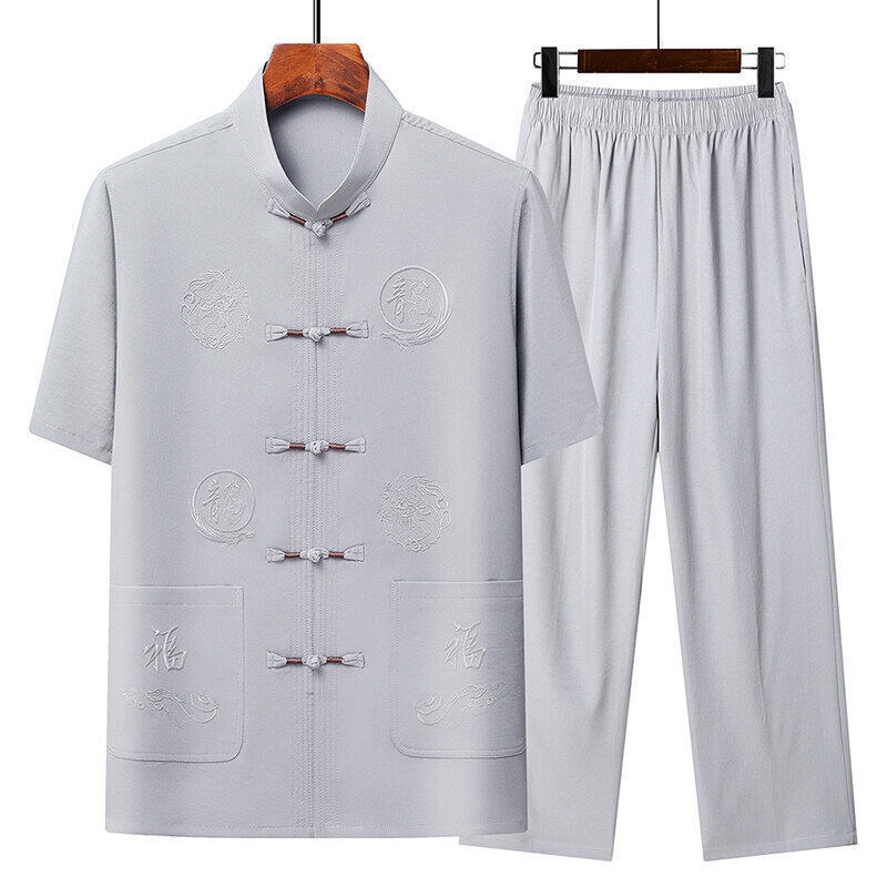 Dad Men's Shirt Summer Cotton and Linen Middle-Aged and Elderly Short-Sleeved Tang Suit Chinese Style Grandpa Elderly Han Dynasty Casual Suit