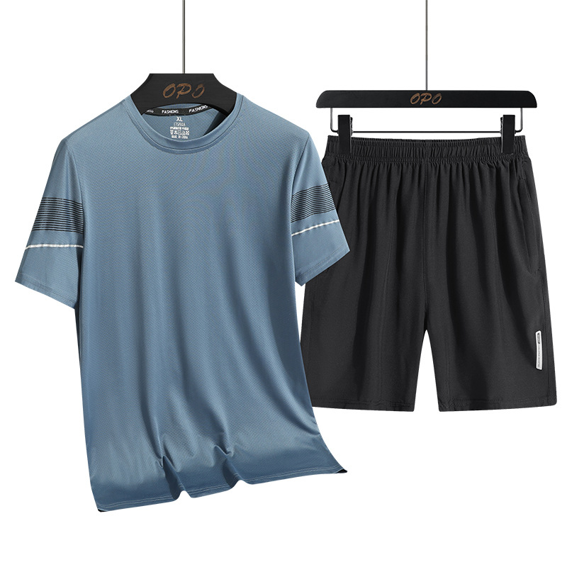 Verano de los hombres de hielo de seda casual traje deportivo suelto de dos piezas de los hombres nuevos transpirables de secado rápido cuello redondo camiseta pantalones cortos