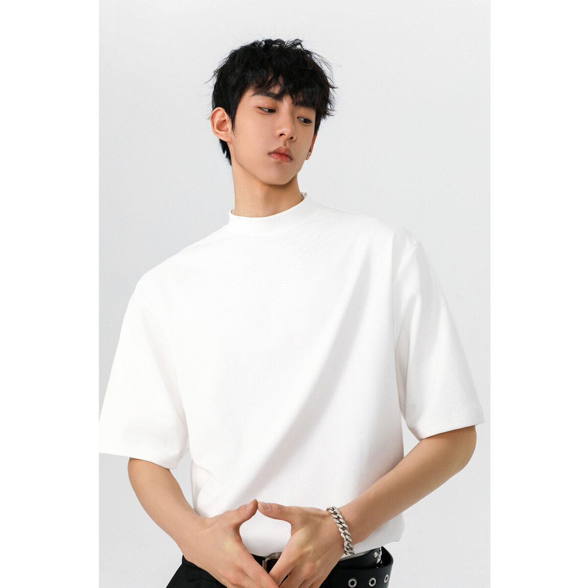 2025 년 여름 260g 하프 하이 넥 하이 탄성 백킹 셔츠 짧은 소매 티셔츠 솔리드 컬러 코튼 하프 슬리브 티셔츠 남성
