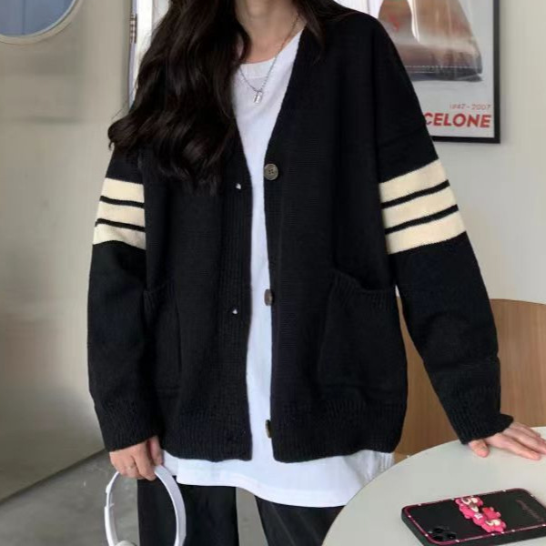Autumn and Winter New Black Stripesd Cardigan Knitwear Women's Jacket Korean Style Loose Preppy Style Long-Sleeved Knitwear Top Trendy