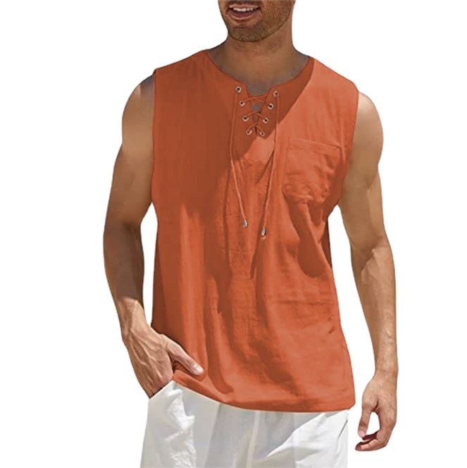 Men's Summer Cotton-Linen Solid Color Fashion Sleeveless Tie-Strap Casual Shirt_viptrois.com