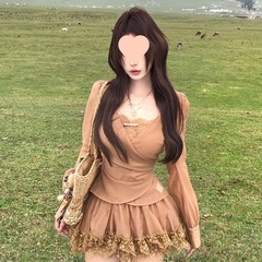 早秋法式女收腰蕾丝长袖上衣+蕾丝花边短裙纯欲气质套装
