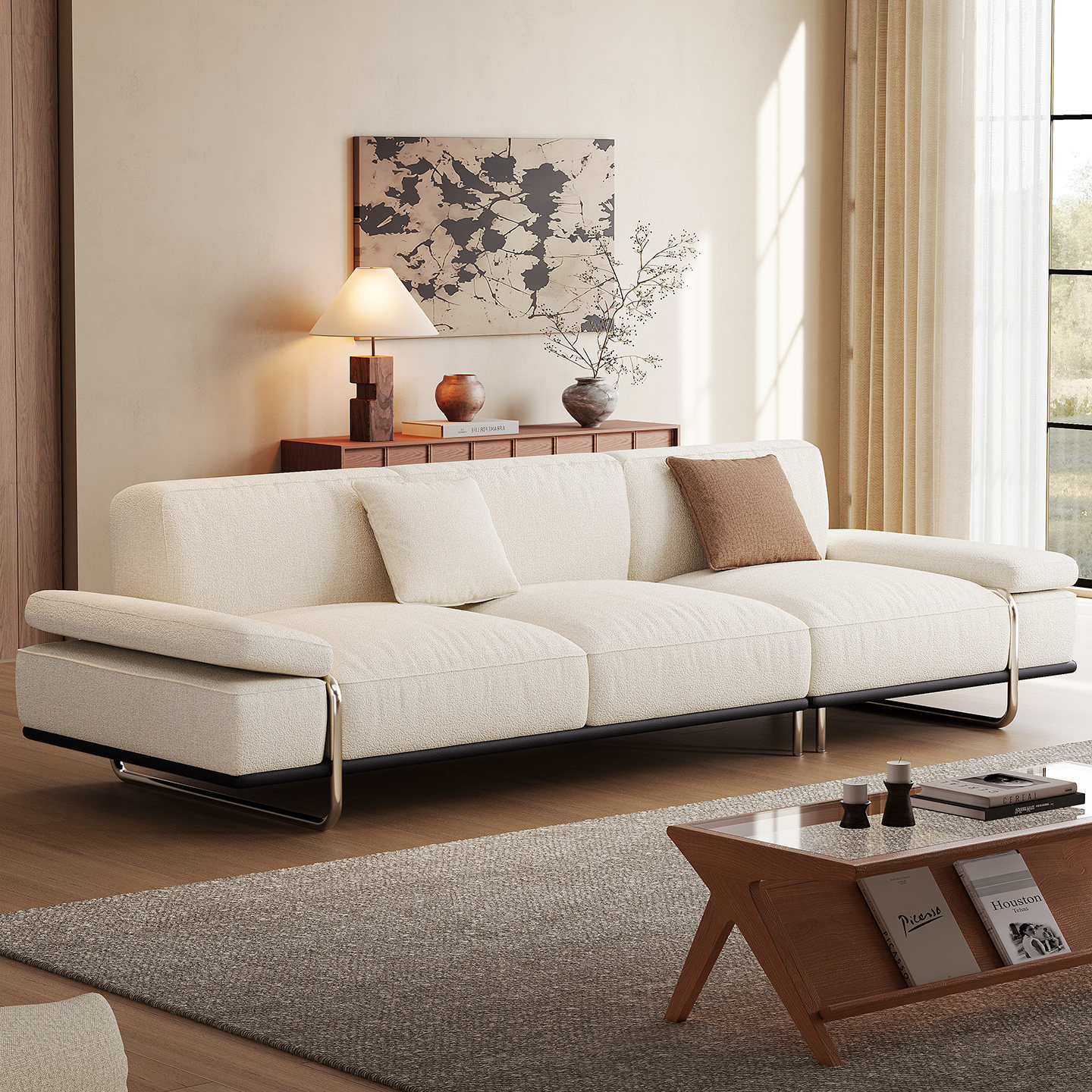 Sofá de tela minimalista italiano gran sofá plano recto sofá de viento crema hotel residencial proyecto de sofá personalizado