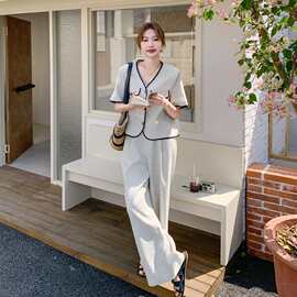 浅灰色高级感小香风时尚套装女2026夏季法式气质休闲阔腿裤两件套