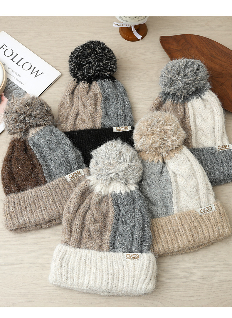 Fashion Versatile Color Block Pom Knitted Autumn Winter Outdoor Fleece Lined Thickened Warm Artistic Retro Pullover Hat_voghion.com