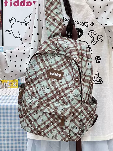 Sweet and cool backpack, fashionable and versatile, large capacity, suitable for commuting, high aesthetic appeal, plaid and star print, suitable for middle and high school students