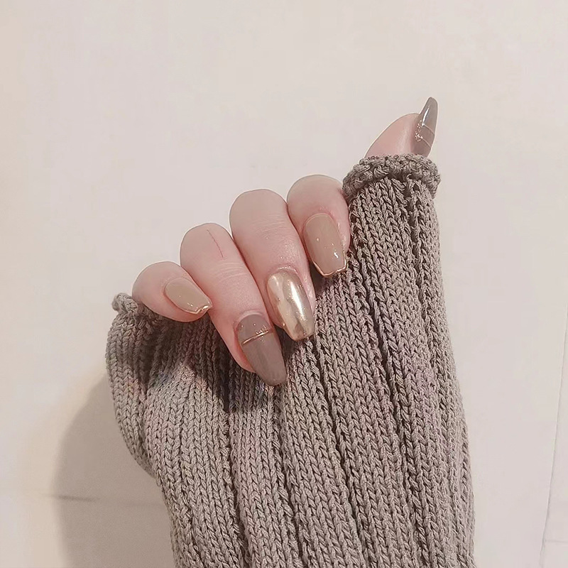 Mocha Milk Foam Wearable Nail Ballet Style Metallic Fake Nail Patch Removable Manicure Finished Product Starry Sky Gradient