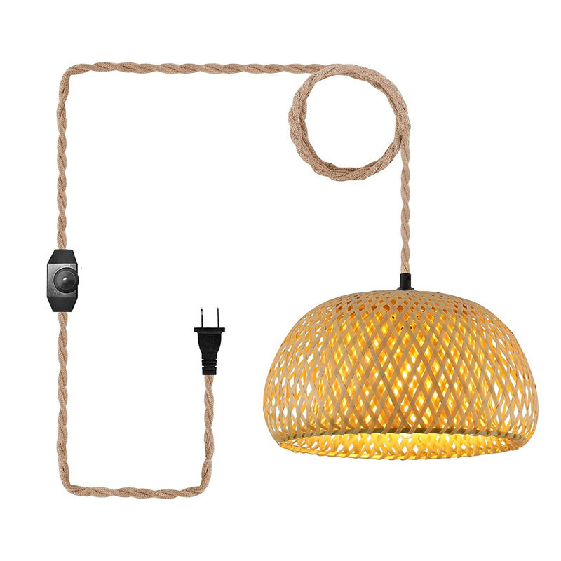 Japanese Style Plug-in Chandelier Rattan with Dimmable Switch 30CM Hemp Rope Bamboo Lampshade Plug-in Chandelier