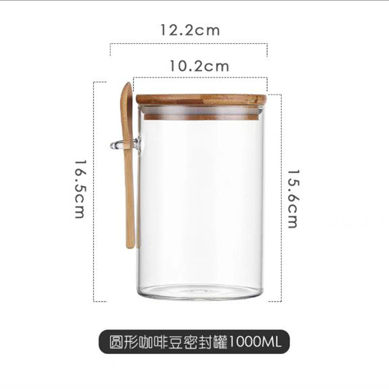 Tarro de almacenamiento de vidrio borosilicato para el hogar con cuchara de vidrio transparente redondo tarro de té