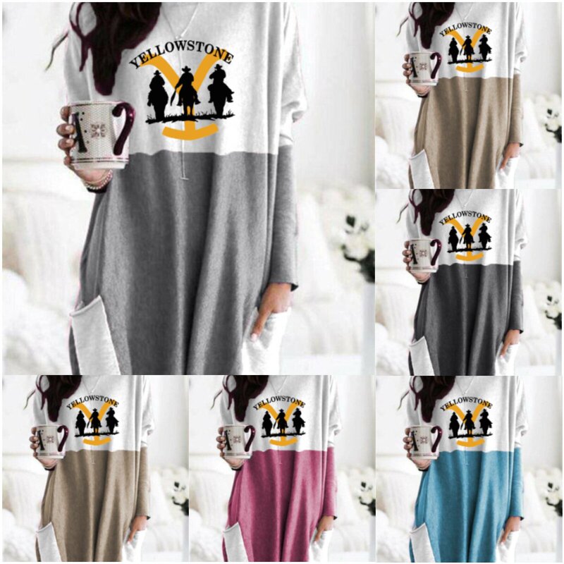 2023 cross-border Amazon Yellowstone printed new European and American long sleeve color matching casual pocket T-shirt top women's clothing 2023 cross-border Amazon Yellowstone printed new European and American long sleeve color matching casual pocket T-shirt top women's clothing