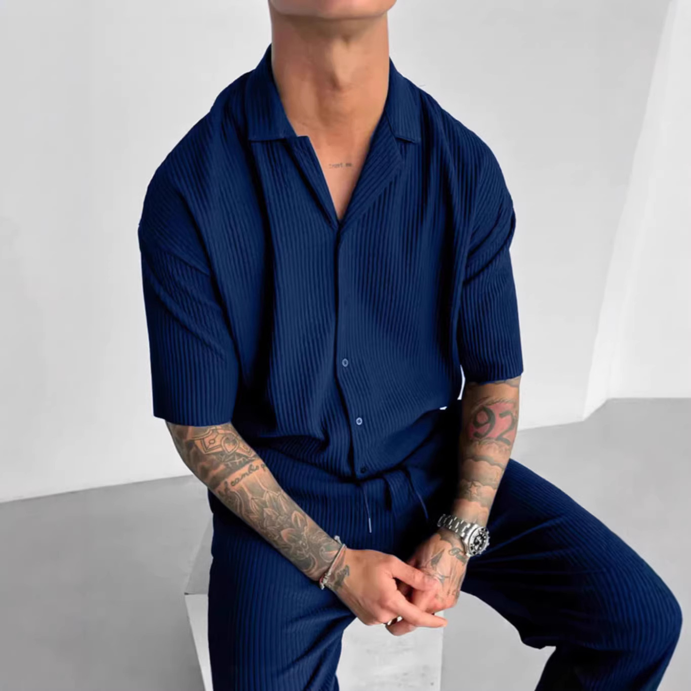 Spring Summer Cardigan Pure Color Short-Sleeved Casual Shirt For Men_viptrois.com