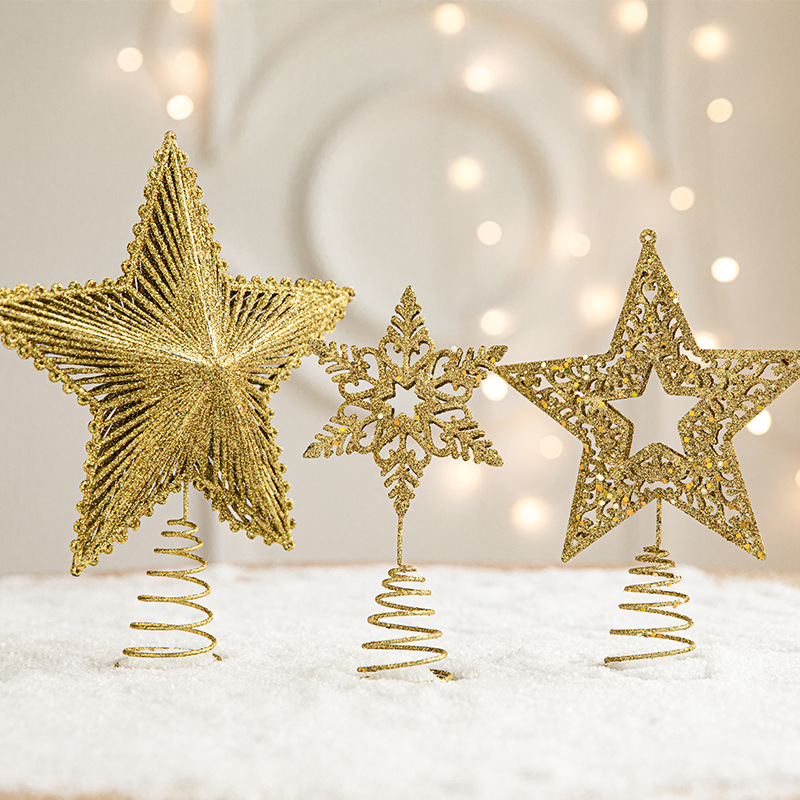 Estrella de hierro para la cima del árbol de Navidad, decoración de arte, estrella de cinco puntas con lentejuelas, ambiente navideño, adornos y suministros de decoración navideña