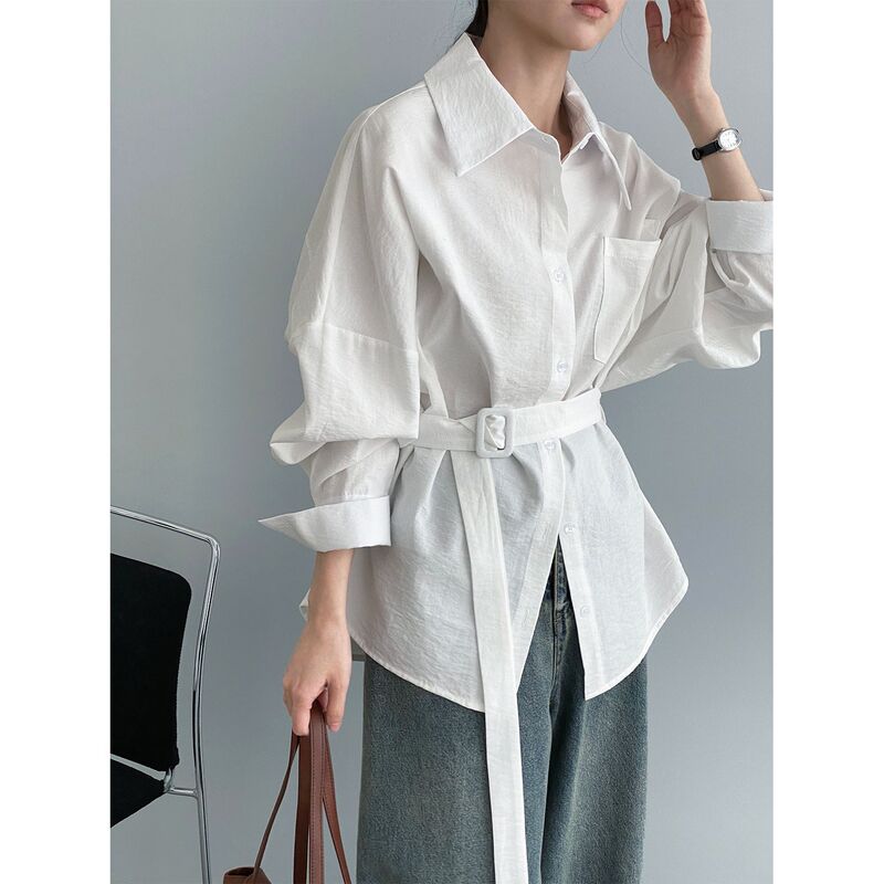 Fashionable and Smart-Looking Solid Color Lapel Simple Elegant Waist-Cinching Tie Shirt for Women Versatile Casual Shirt 5079