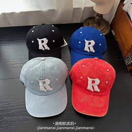 软顶大字母R棒球帽刺绣显脸小百搭牛仔鸭舌帽休闲防晒遮阳帽子潮