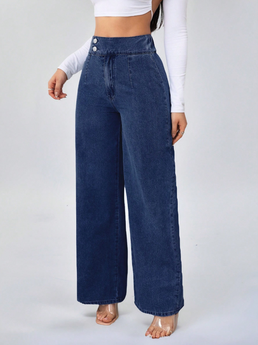 Högmidjade jeans med raka ben för damer med dubbla knappar_voghion.com