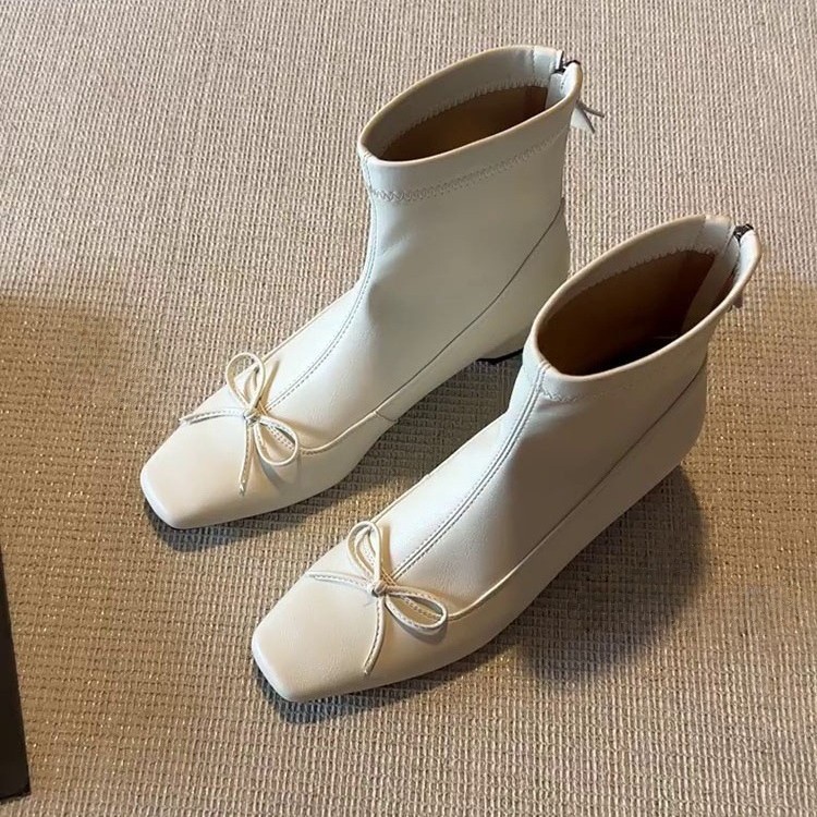 Sheepskin Version ~ 5cm Inner Height Increase Niche Elastic Slim Boots for Women 2025 New Ballet Style French Bow Short Boots