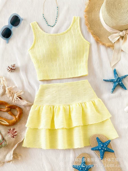 Summer New Style Girls' Outfit, European and American Style Bubble Gauze Sleeveless Vest and Tiered Skirt Two-Piece Set Wholesale