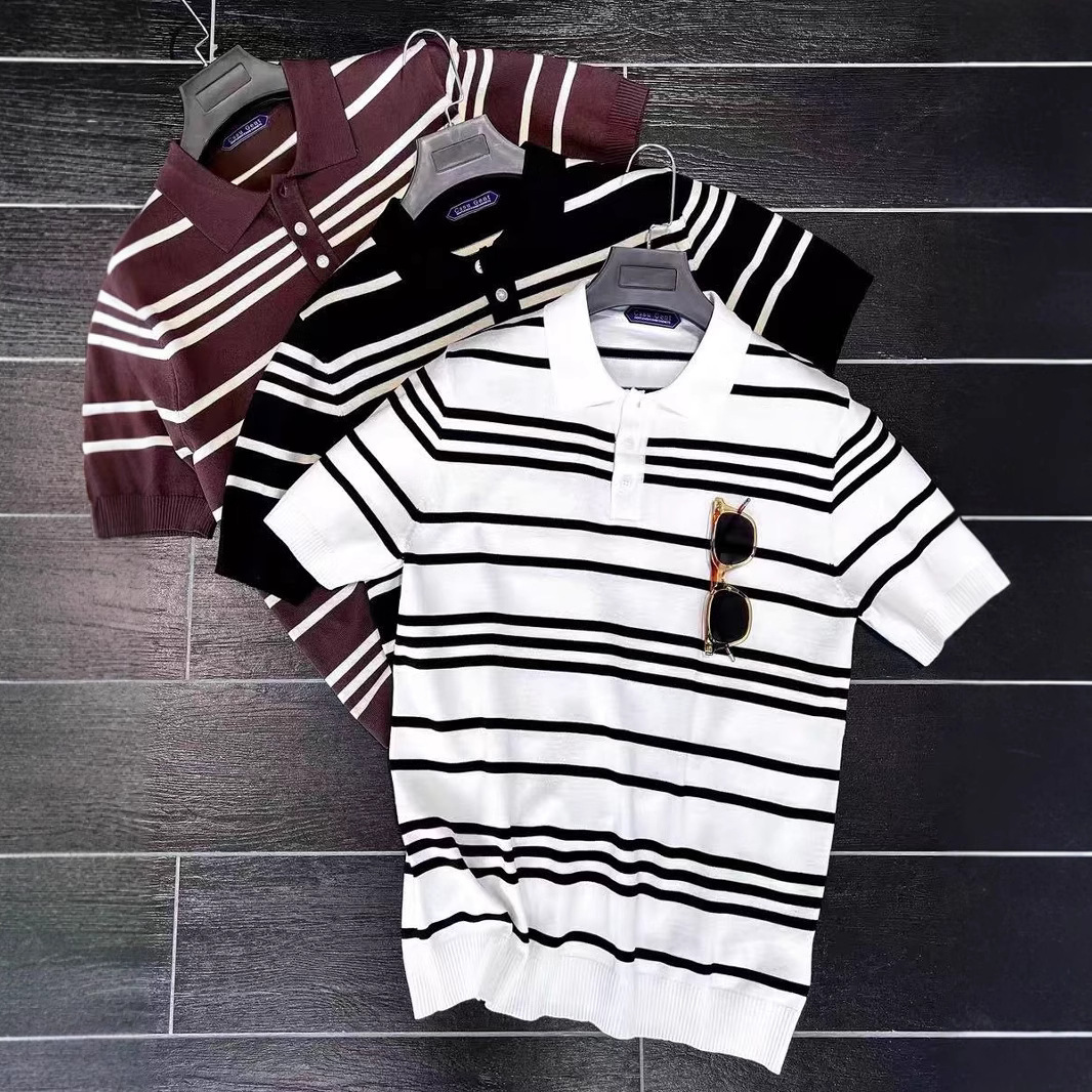 Camiseta de polo a rayas masculina de verano suelta japonesa con solapa de manga corta suelta marca de moda retro camiseta de negocios de media manga