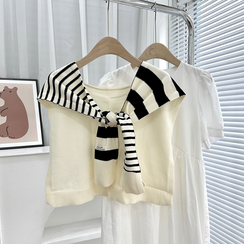 Primavera y otoño tejido a rayas cruzadas pequeñas sopales de cuello decoración delgada hombro de collar falso cardigan nudo