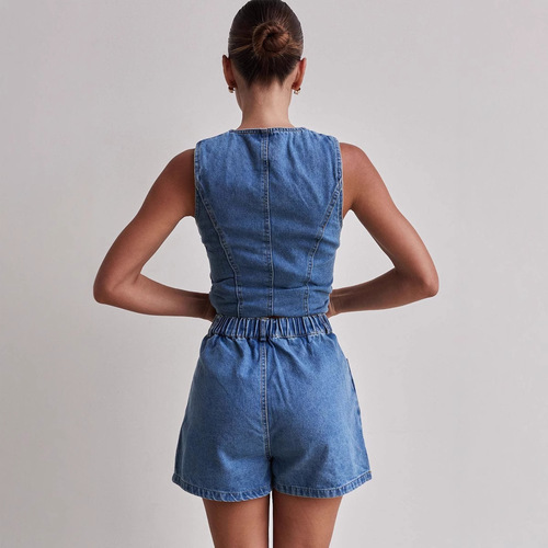 2025 Spring/Summer Amazon Independent Website European and American Style Sleeveless Cinched Waist High-Waisted Loose-Fit Denim Shorts Set