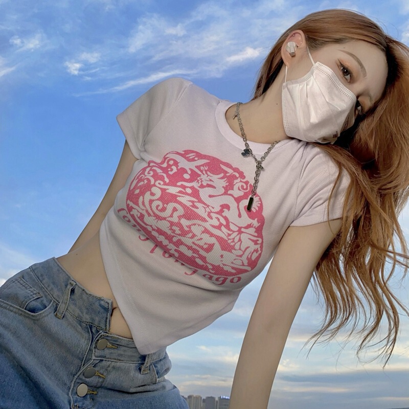 2025 American Retro Short-Sleeved Women's Summer Thin Outer Wear Tops Slim Waist Sexy Short T-Shirt for Women